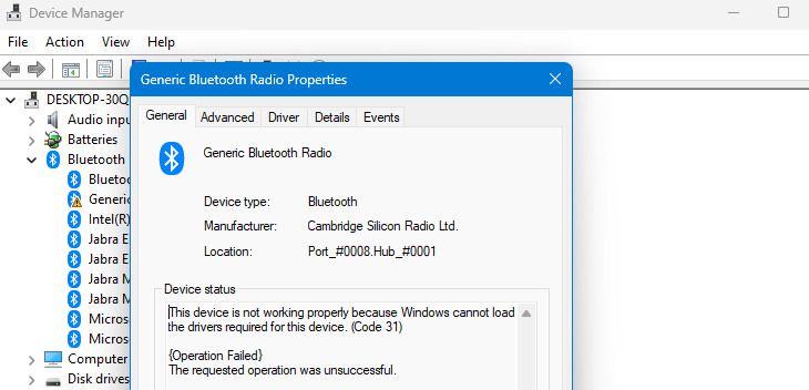 Bluetooth radio properties in the Windows Device Manager.