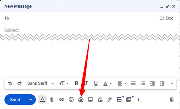Click the Google Drive icon at the bottom of the &quot;Compose Email&quot; window. 