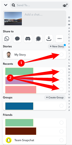 Select &quot;Story,&quot; pick the friends you want to send the picture to, then tap the blue arrow. 