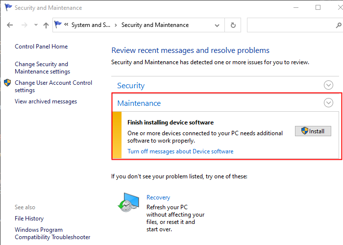 The Security and Maintenance window on Windows 10. 