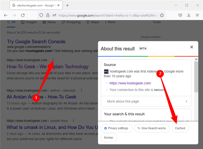 Click the three dots next to your desired search result, then click "Cached" in the popup.