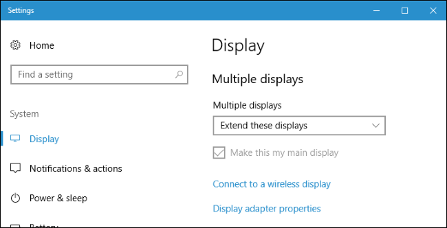 The Display window can be used to set the way multiple displays are set up. Extended display creates multiple separate desktops. 