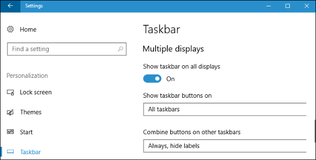 Toggle the switch below &quot;Show Taskbar on All Displays&quot; if you want a taskbar on each screen. 