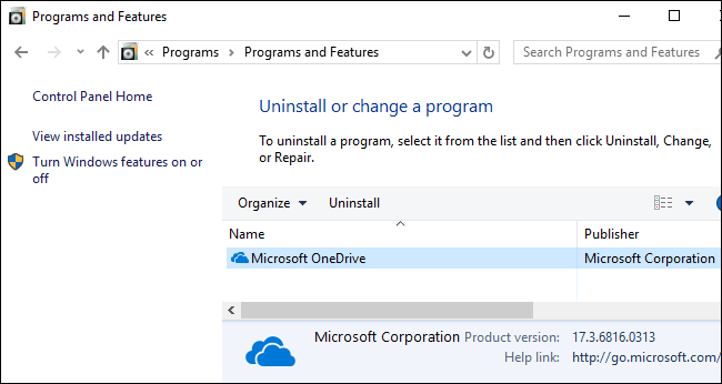 Microsoft OneDrive in the Programs and Features window.