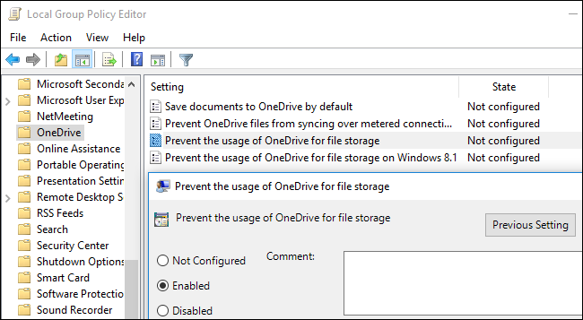 Disabling OneDrive in the Local Group Policy Editor.