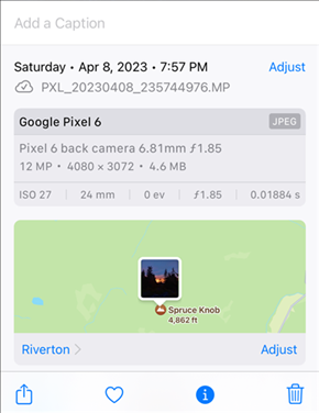 The location of the photo displayed on an iPhone. 