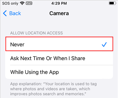 The iPhone setting to disable GPS metadata on photos.
