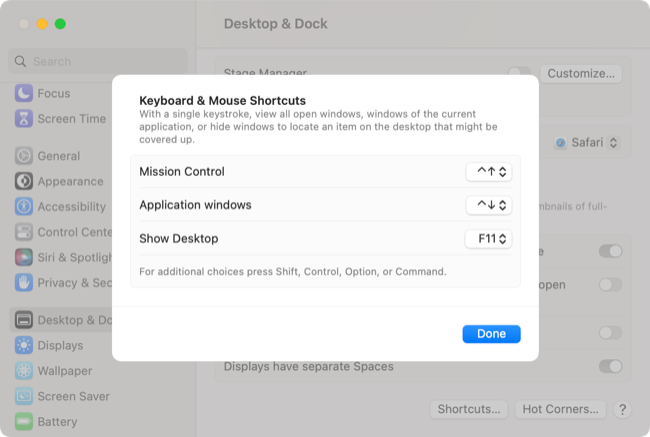 Mission Control keyboard shortcuts