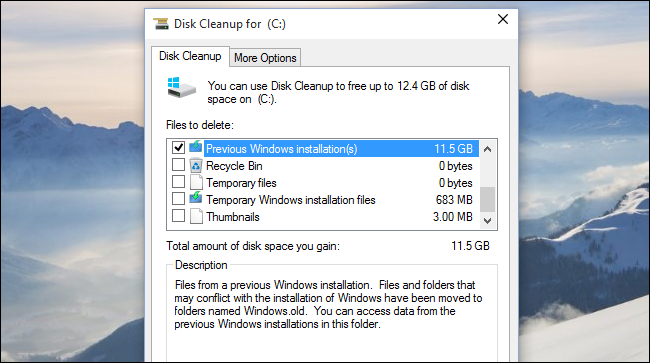 Disk Cleanup will remove the Windows old folder.