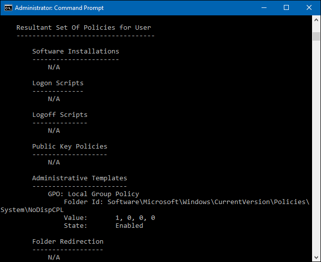 The Command Prompt with policies output.  