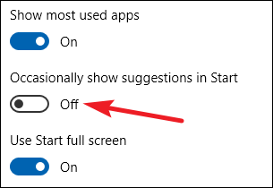 disable the occasionally show suggestions in start option