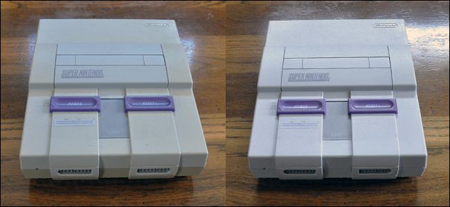 A yellowed Super Nintendo on the left, and the same bright white after being cleaned with Retr0bright on the right. 