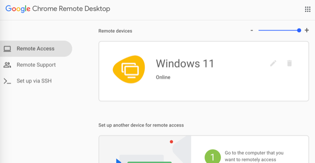 Chrome Remote Desktop dashboard