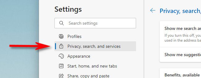 In Edge, click "Privacy, Search, and Services."