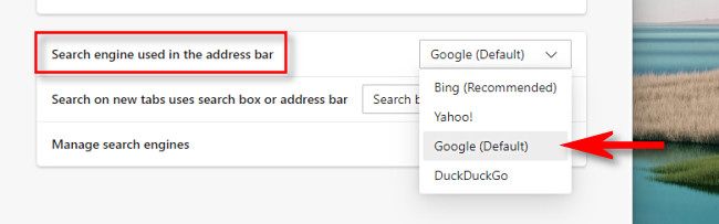 In Edge settings, use the drop-down menu to select a new default search engine.