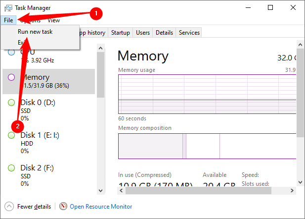Click File &gt; Run new task in Task Manager on Windows 10.