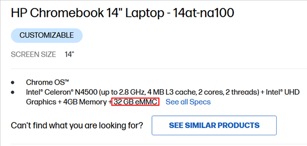The simplified specs of a cheap Chromebook.