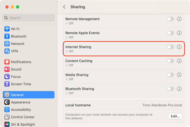 Internet Sharing in macOS Sharing menu