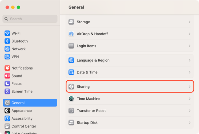 Access macOS Sharing preferences in the System Settings window