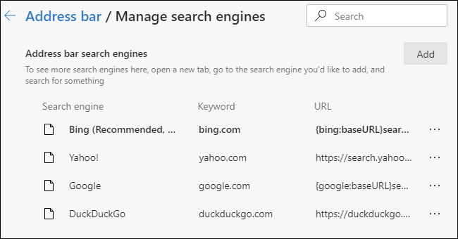 Managing the list of available search engines in the Chromium-based Edge browser.