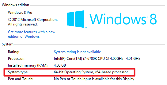 A 64-bit installation of Windows 8. 