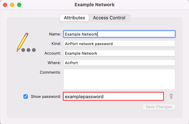 The password for the &quot;Example Network&quot; displayed in plaintext. 