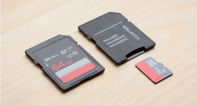 SD card next to a microSD card and adaptor