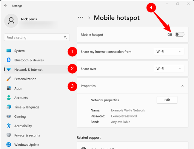 Customize your hotspot settings, then click the toggle button at the top to enable your Wi-Fi hotspot on Windows. 