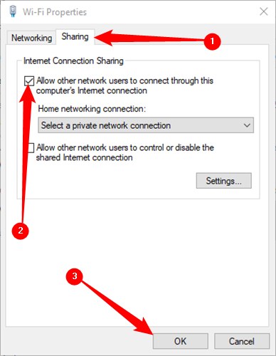 Click the &quot;Sharing&quot; tab, enable Internet Connection Sharing, then click &quot;Ok.&quot;