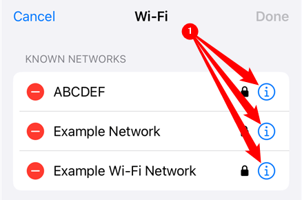 Tap the &quot;i&quot; icon to view the details of a saved network. 
