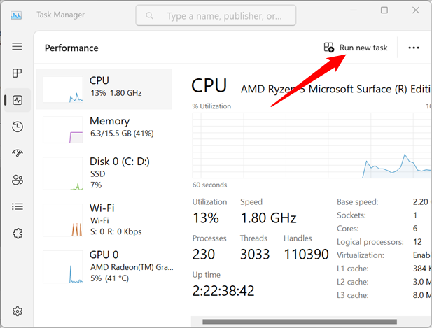 Click the &quot;Run new task&quot; button in Windows 11's Task Manager.