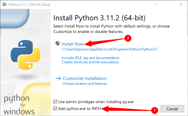Ensure "Add Python to PATH" is ticked, then click "Install Now." 
