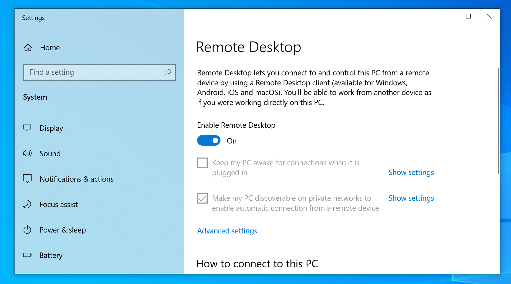 Remote Desktop Settings Enabled