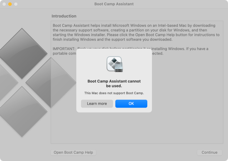 Trying to use Boot Camp Assistant on an M1 Max MacBook Pro