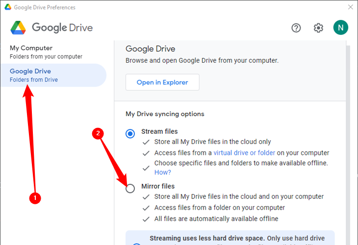Select the &quot;Google Drive&quot; tab, then pick &quot;Mirror Files.&quot; 