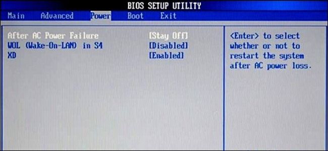 WAKE-on-LAN settings in a computer's setup BIOS