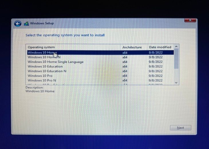 Select which version of Windows you want to install