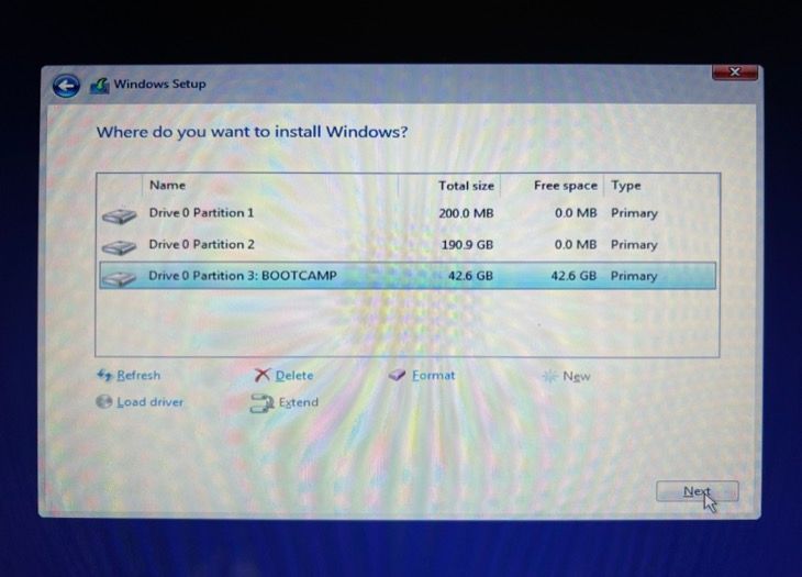 Select your "BOOTCAMP" partition to install Windows