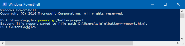 Generating the battery health report from Windows PowerShell.