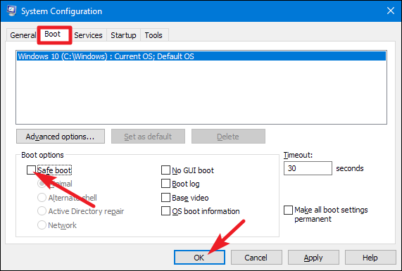 Go to the &quot;Boot&quot; tab, then tick the &quot;Safe Boot&quot; option.