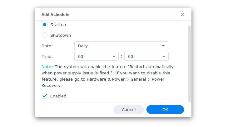 Configure a startup or shutdown schedule for a Synology NAS.