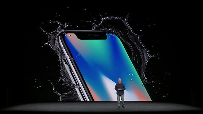 Phil Schiller in front of the iPhone X in 2017.