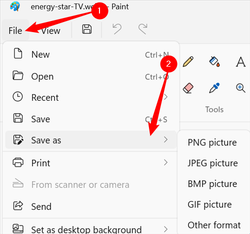 Right on "File" in the top left corner, then go to "Save As." Select the format you want