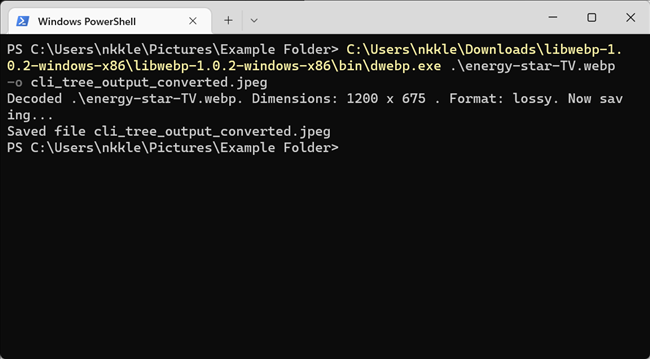 Windows PowerShell running dwebp.exe to convert a WebP into a JPEG.
