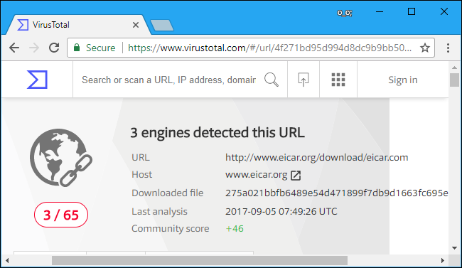 VirusTotal results with only 3/65 engines detecting some kind of malware. 