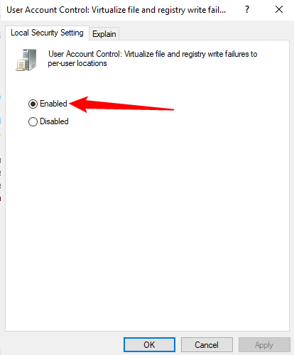 Set UAC Virtualization to enabled, then click &quot;Apply.&quot;