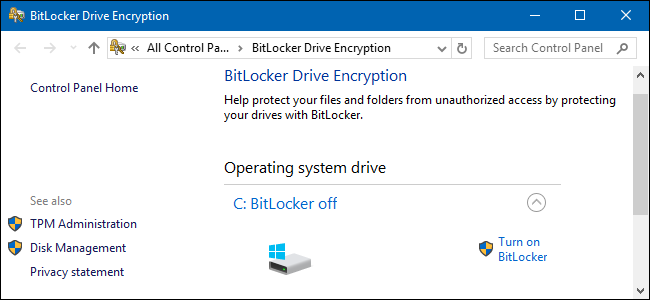 The BitLocker Drive Encryption page in Windows. 