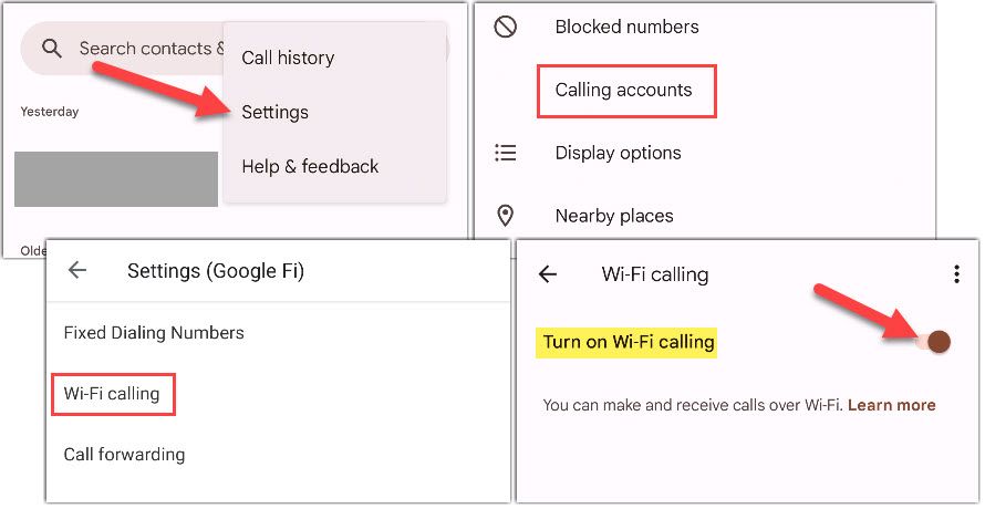 Phone by Google Wi-Fi calling settings.