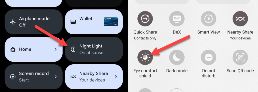 Night Mode toggles in Quick Settings.