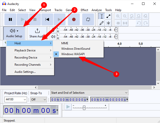 Click "Audio Setup," mouse over "Hosts," then select "Windows (WASAPI)." 